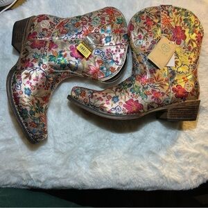 Roper Womens Floral Multicolor Faux Leather Cowboy Boots Size 10.5 Gold Metallic